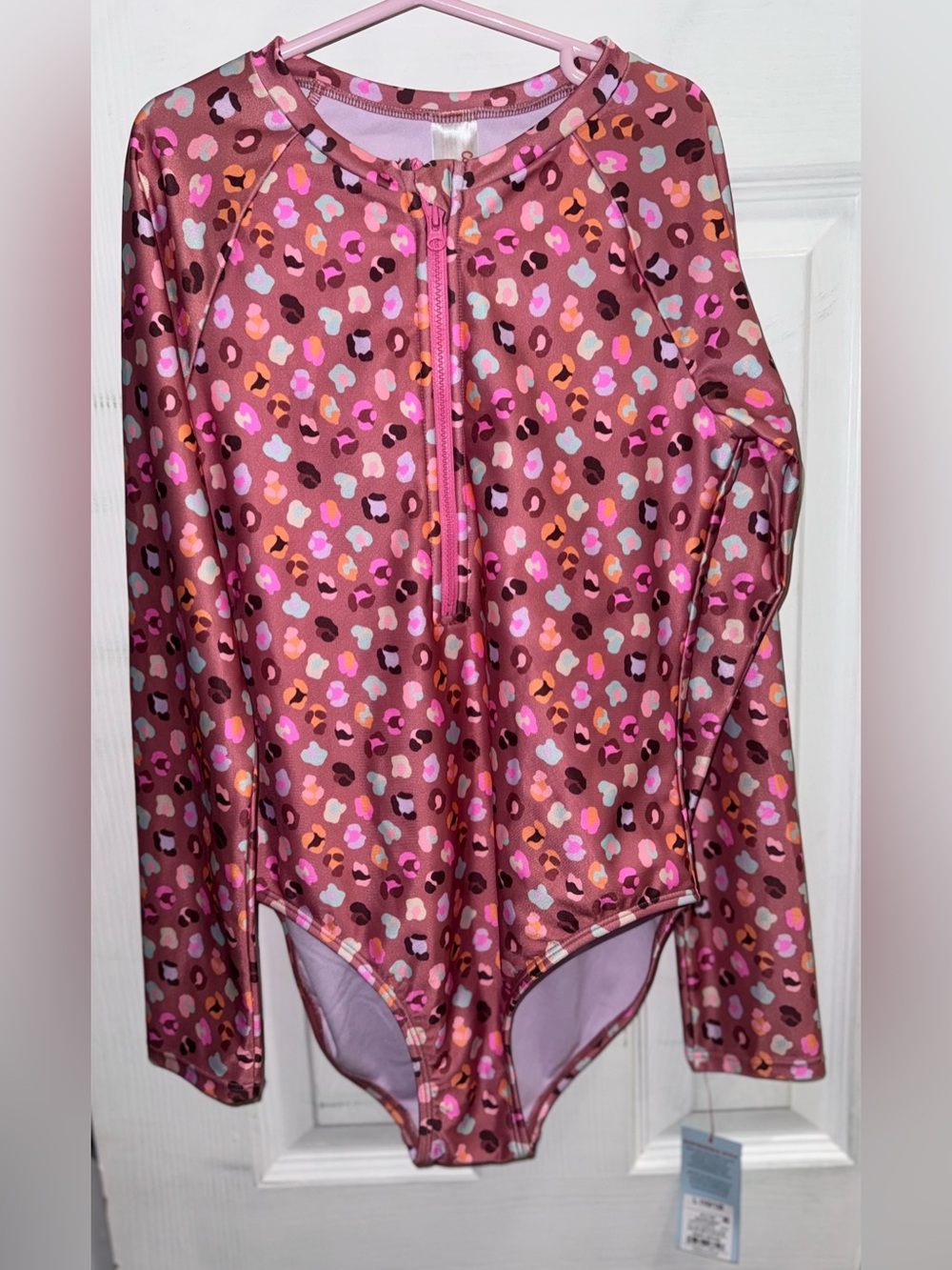 Cat & Jack Girls Leopard Print Long Sleeve One Piece Swimsuit Size L 10/12 NWT